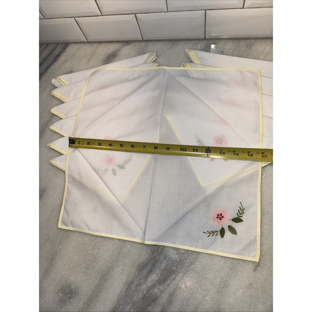 Vintage Hankercheif Napkins White Appliqué Pink Flower Yellow Border Set of 12 - Picture 7 of 8